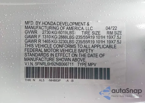 2022 Honda Odyssey Elite z USA, uszkodzony, nr VIN 5FNRL6H92NB066711